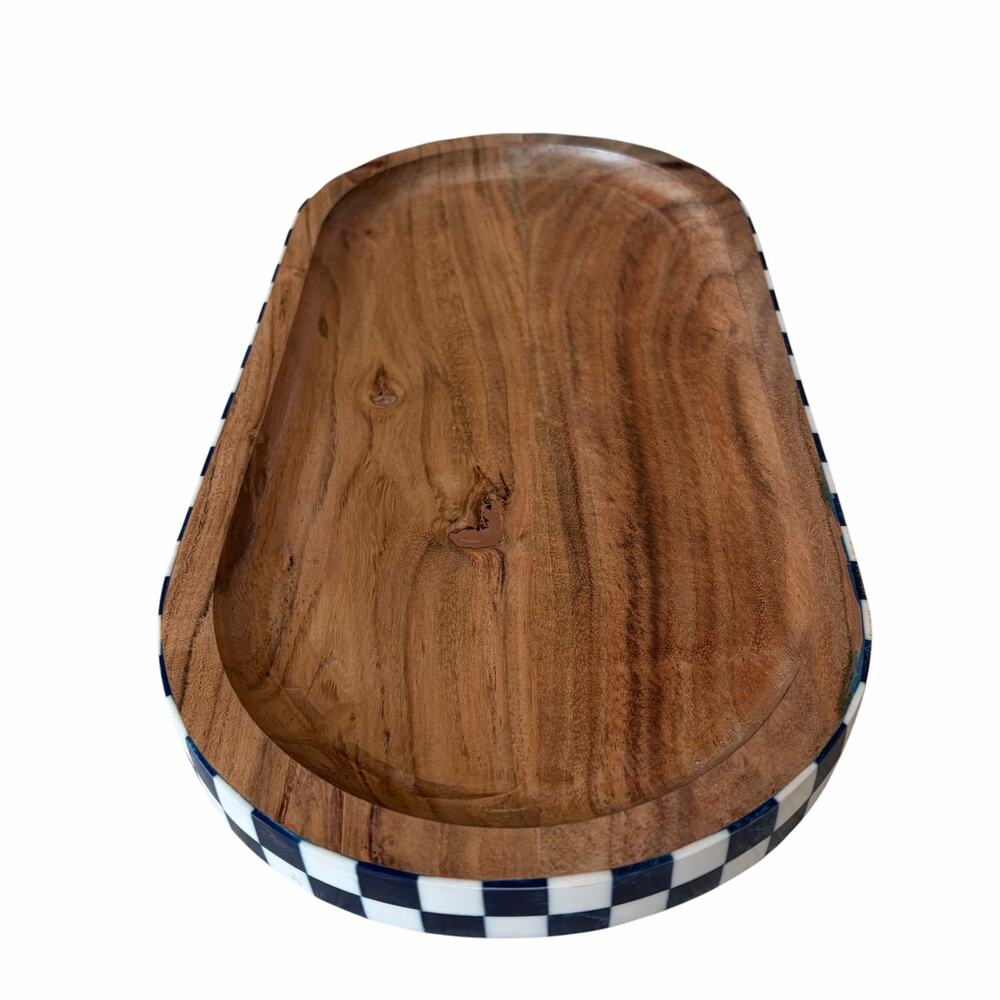 Blue & White Checkered Enameled Mango Wood Serving Tray 14x7 Made In India NEW - Picture 3 of 15